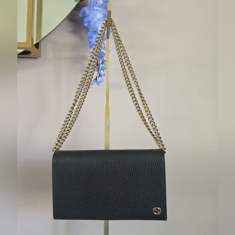Gucci Black Leather Crossbody Bag with Gold Chain
